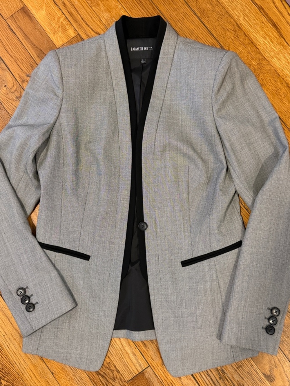 Lafayette 148 New York Light Gray Blazer with Black Trim single button size 6